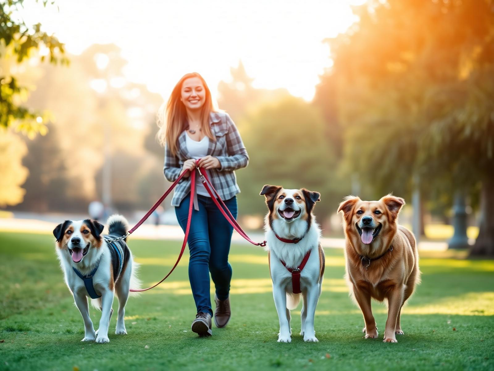 Happy dog walker walking three dogs in a Melbourne park